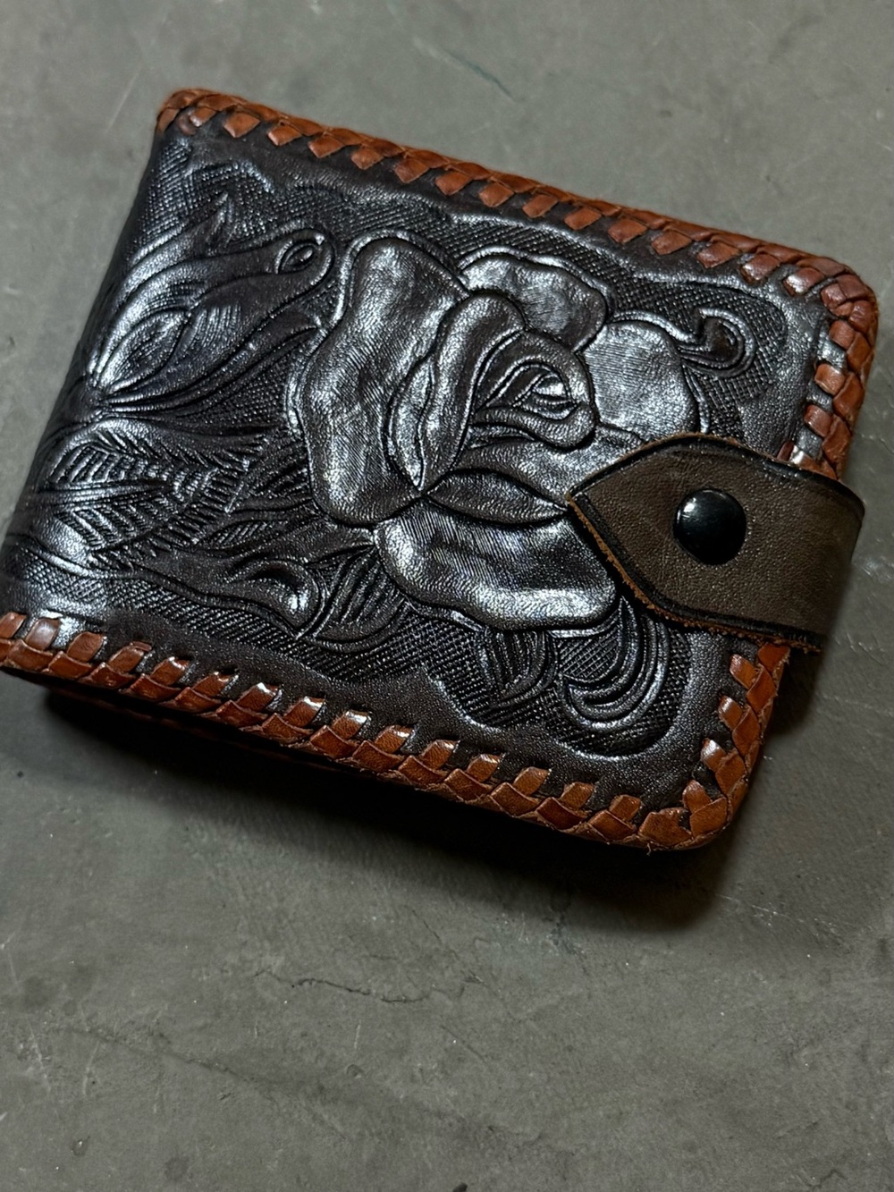 Vintage Hand Tooled Leather Bifold Wallet Floral Rose Brown Western Snap